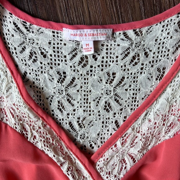 Margo & Sebastian Dress M Medium Coral w/ Ivory Lace V Neck Sleeveless Mini - Picture 6 of 15